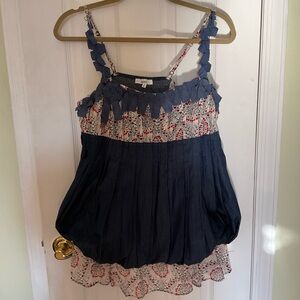 BouBou Unique Denim & Floral Ruffle Women's Blouse